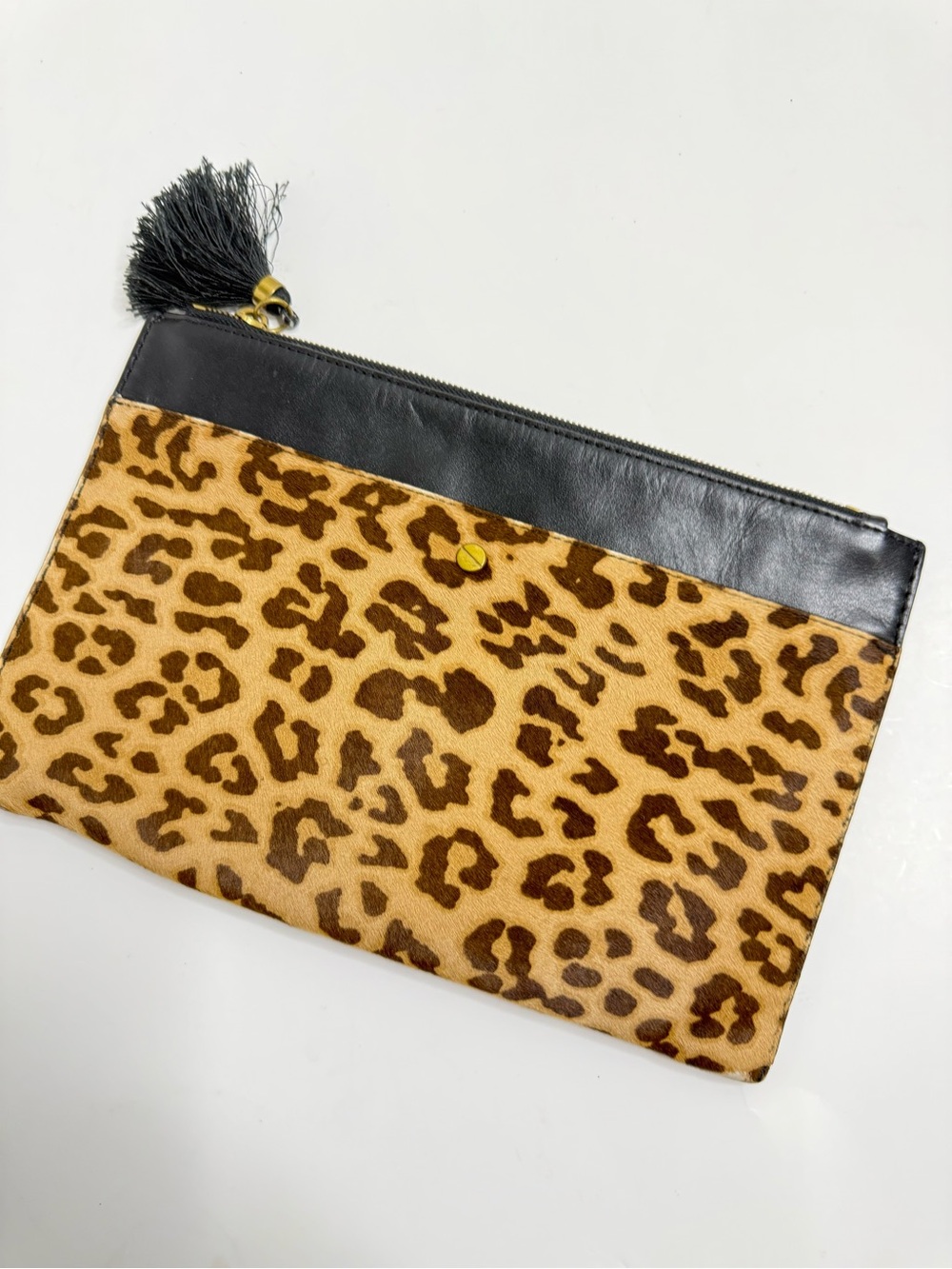 J.Crew Leopard Print Calf Hair Leather Zip Clutch with Black Trim